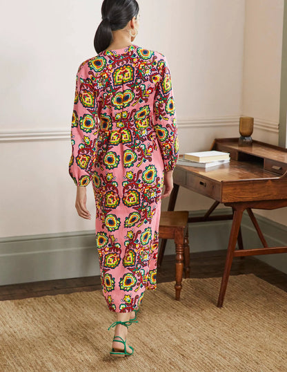 Long Sleeve Linen Maxi Dress-Azalea, Decorative Blooms