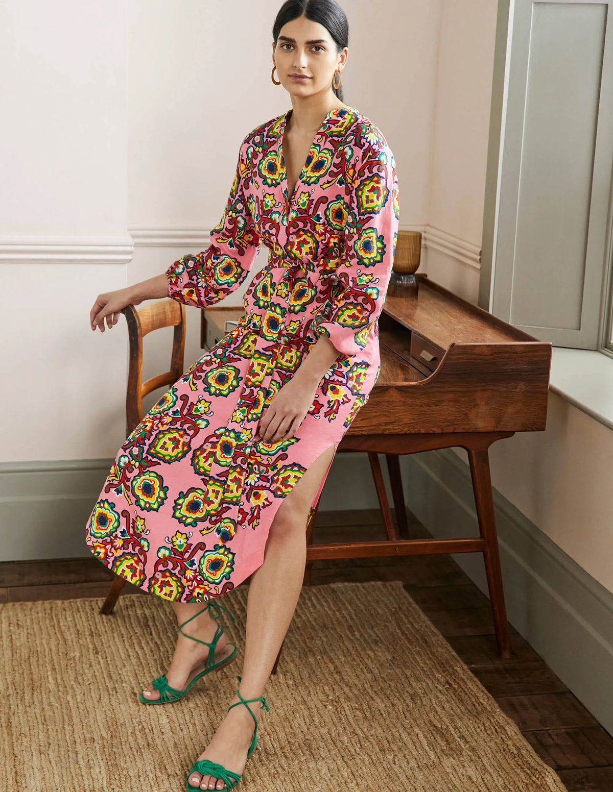 Long Sleeve Linen Maxi Dress-Azalea, Decorative Blooms