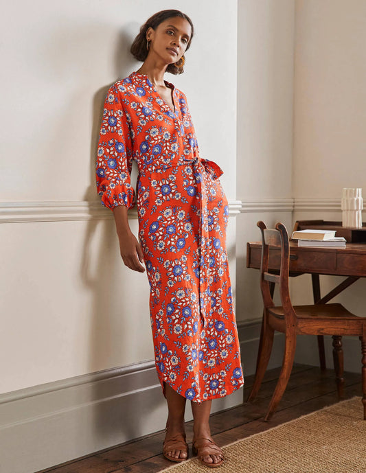 Long Sleeve Linen Maxi Dress-Papaya, Wildflower Prairie