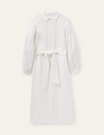 Sleeve Detail Midi Shirt Dress-White