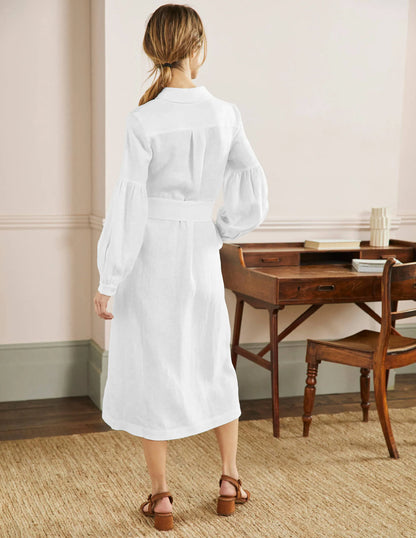 Sleeve Detail Midi Shirt Dress-White