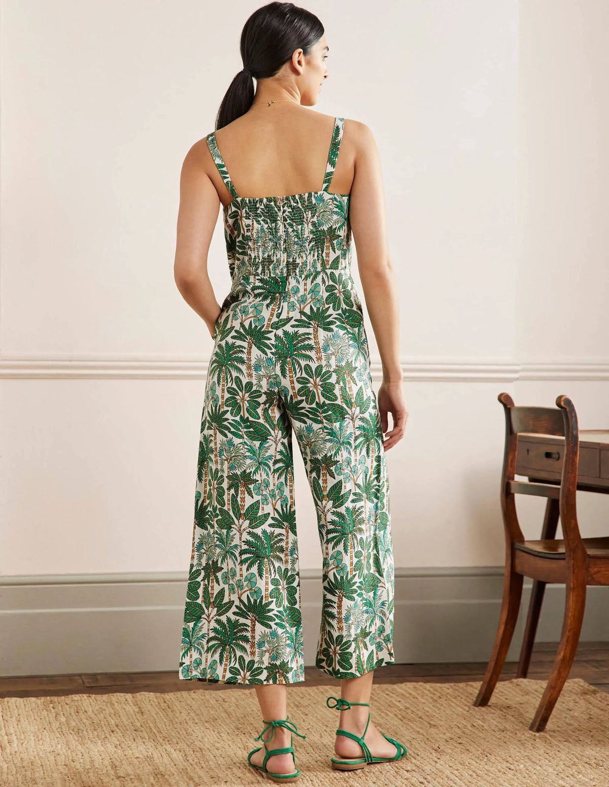 Lola Strappy Linen Jumpsuit-Ivory, Palm Forest