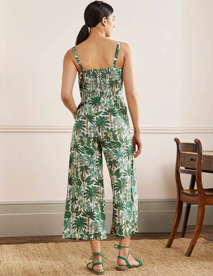 Lola Strappy Linen Jumpsuit-Ivory, Palm Forest