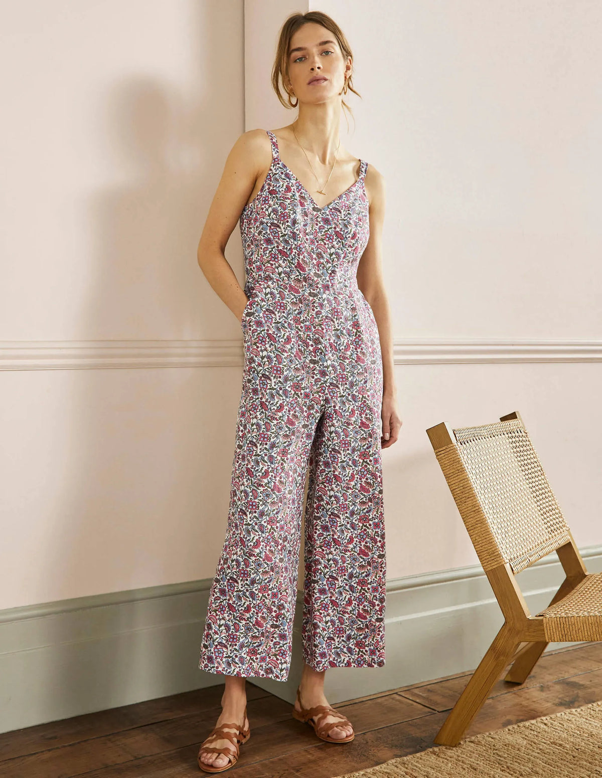 Lola Strappy Linen Jumpsuit-Radish, Oriental Paradise