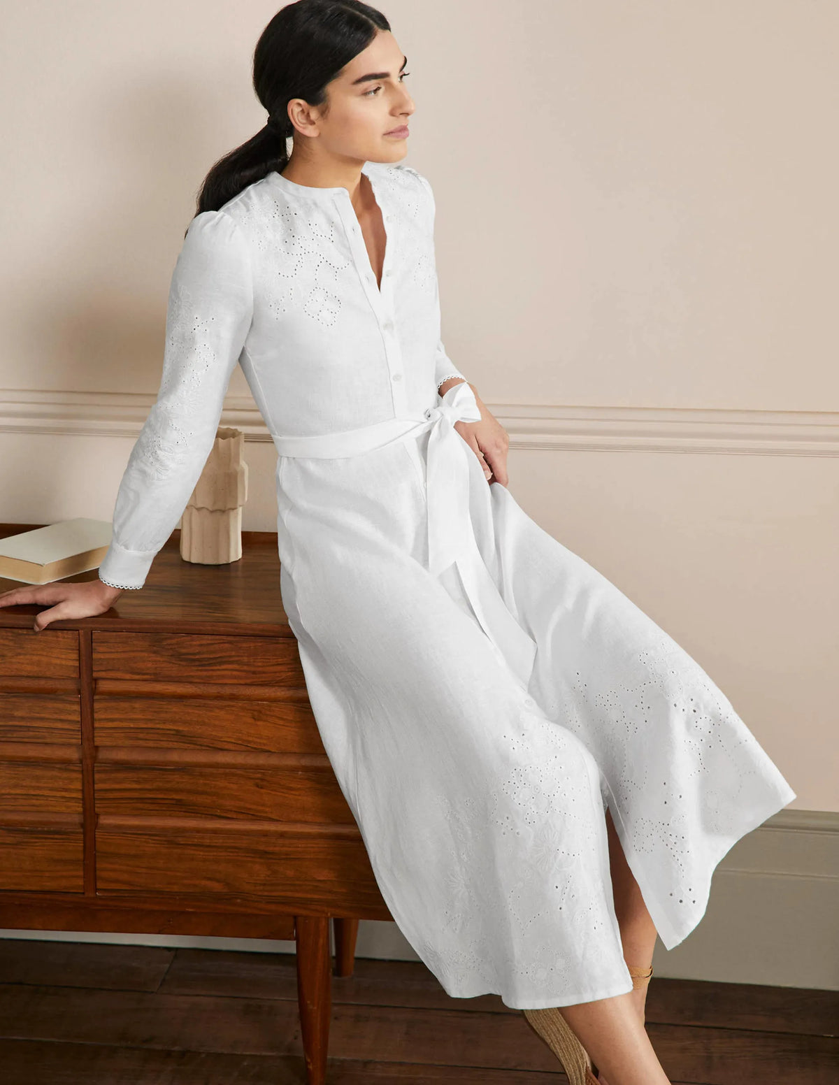 Cut Work Midi Shirt Dress-White