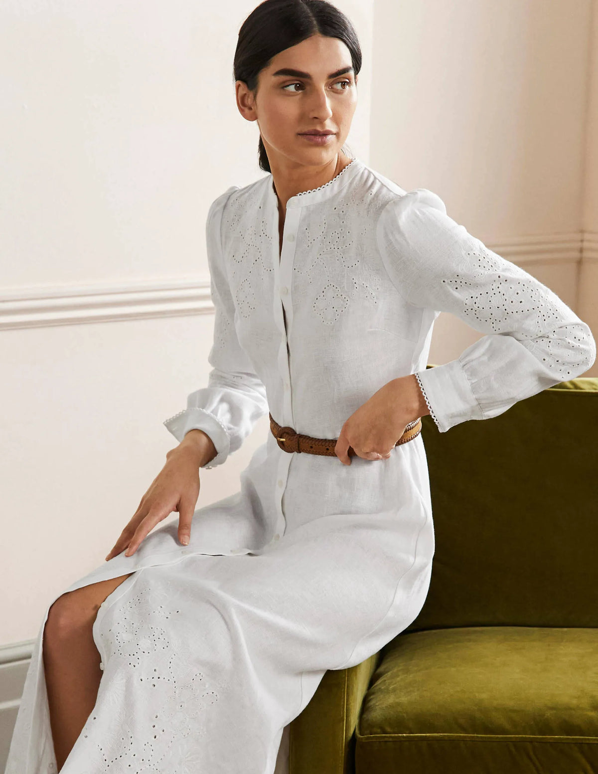 Cut Work Midi Shirt Dress-White