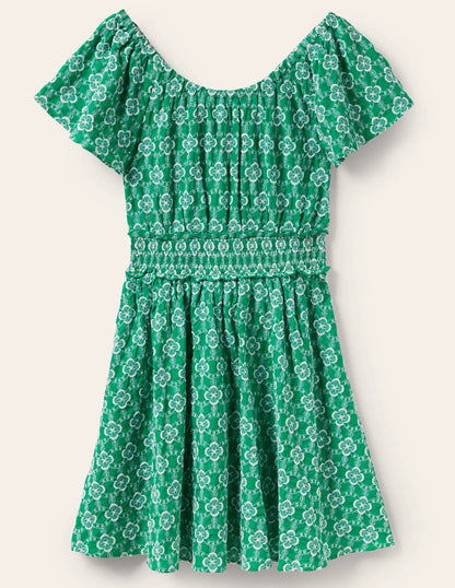 Scoop Neck Embroidered Dress-Green Geo