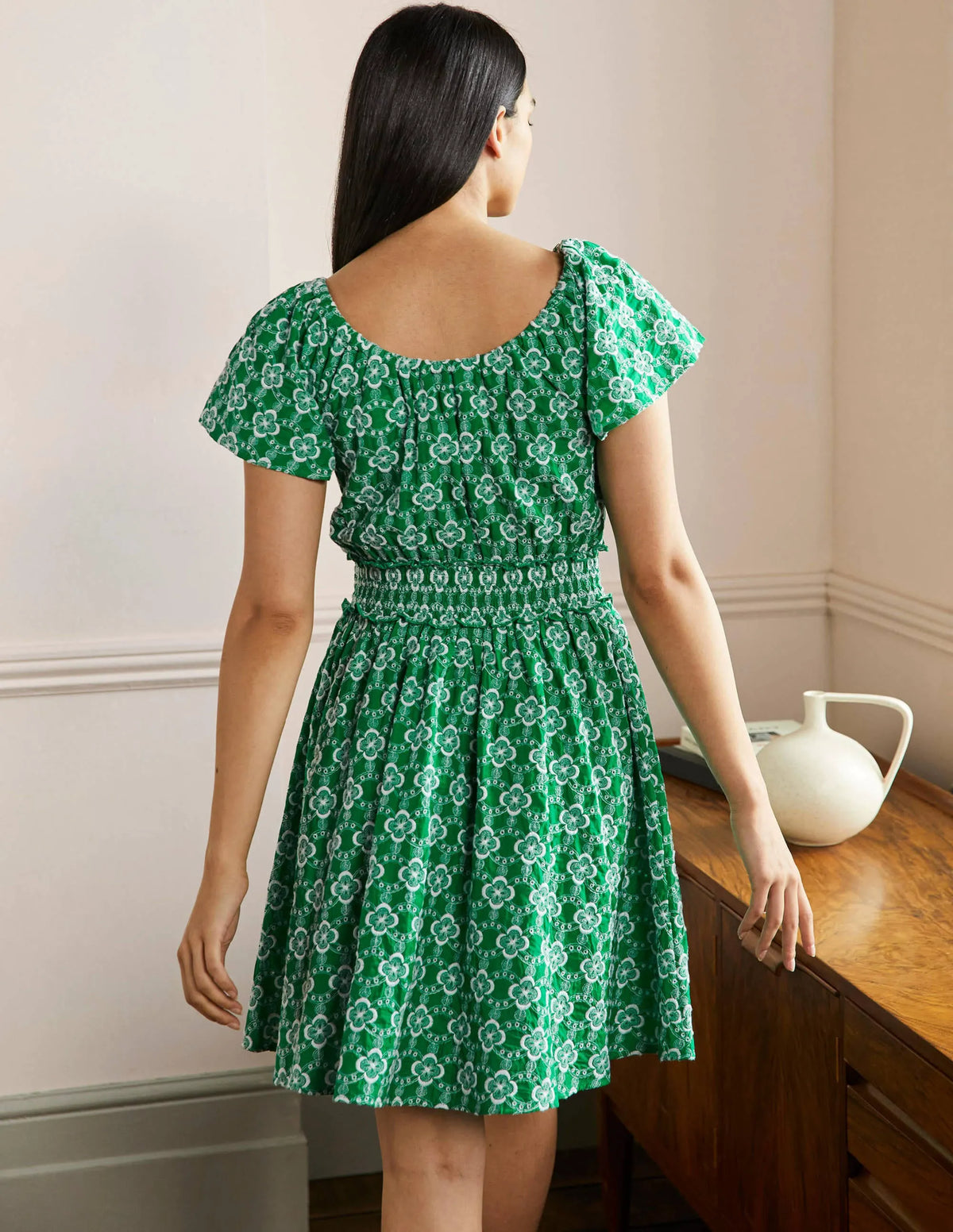 Scoop Neck Embroidered Dress-Green Geo