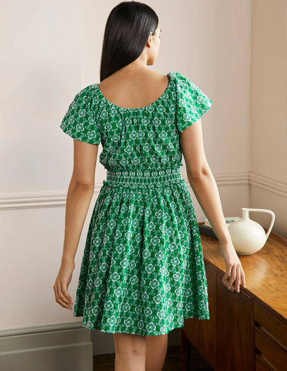 Scoop Neck Embroidered Dress-Green Geo