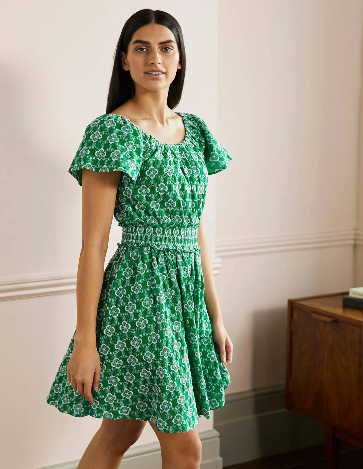 Scoop Neck Embroidered Dress-Green Geo