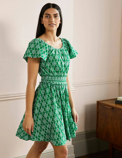 Scoop Neck Embroidered Dress-Green Geo