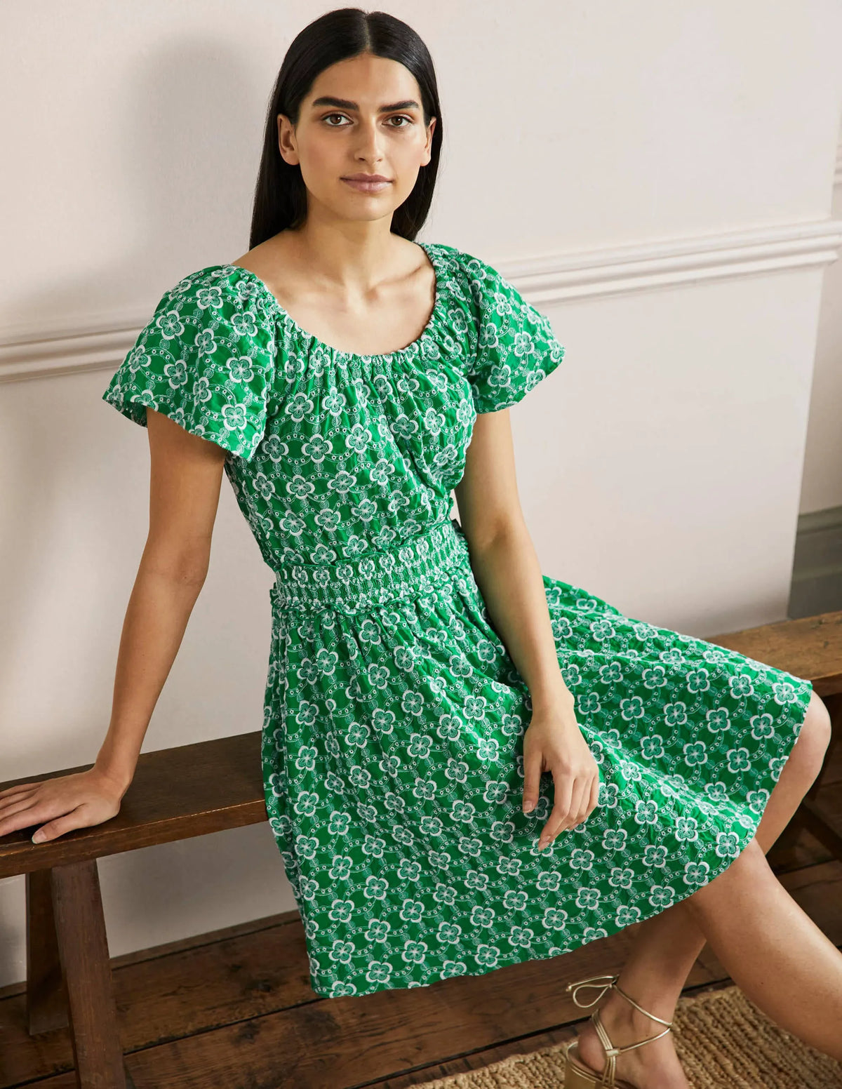 Scoop Neck Embroidered Dress-Green Geo