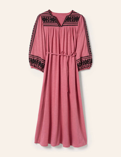 Embroidered Jersey Midi Dress-Dusty red