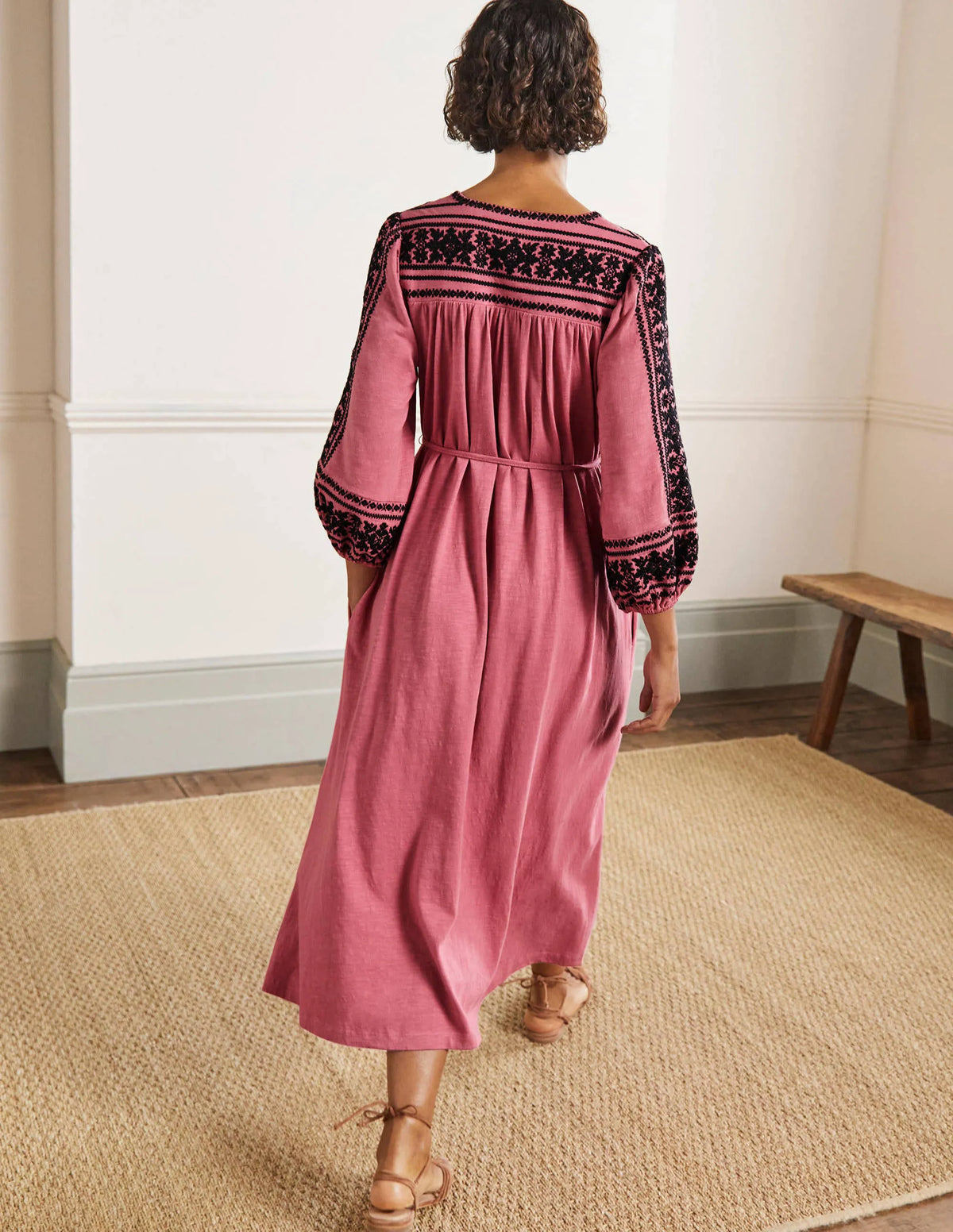 Embroidered Jersey Midi Dress-Dusty red