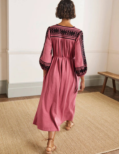 Embroidered Jersey Midi Dress-Dusty red