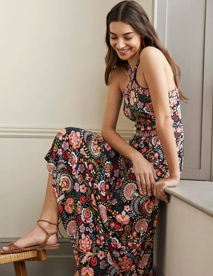 Halterneck Jersey Maxi Dress-Black Decorative Meadow