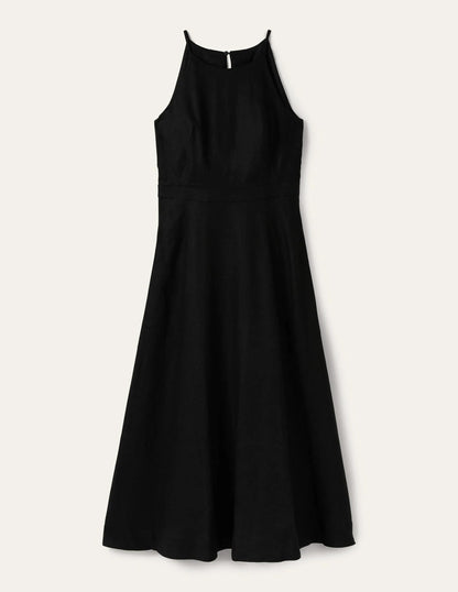 Halterneck Linen Midi Dress-Black