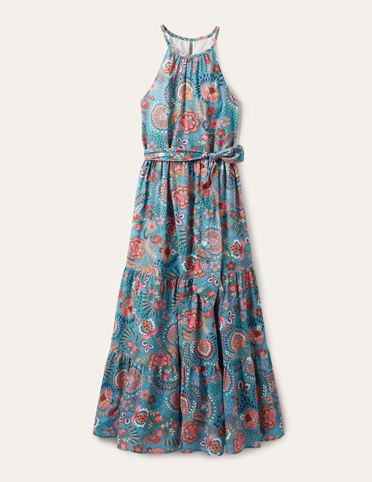 Halterneck Tiered Maxi Dress-Larkspur, Decorative Meadow