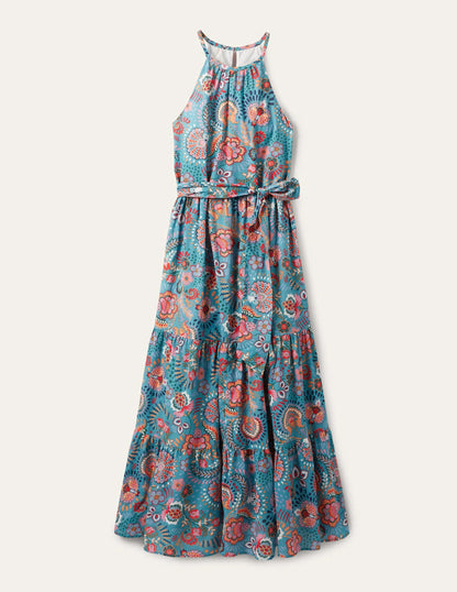Halterneck Tiered Maxi Dress-Larkspur, Decorative Meadow