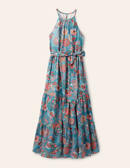 Halterneck Tiered Maxi Dress-Larkspur, Decorative Meadow
