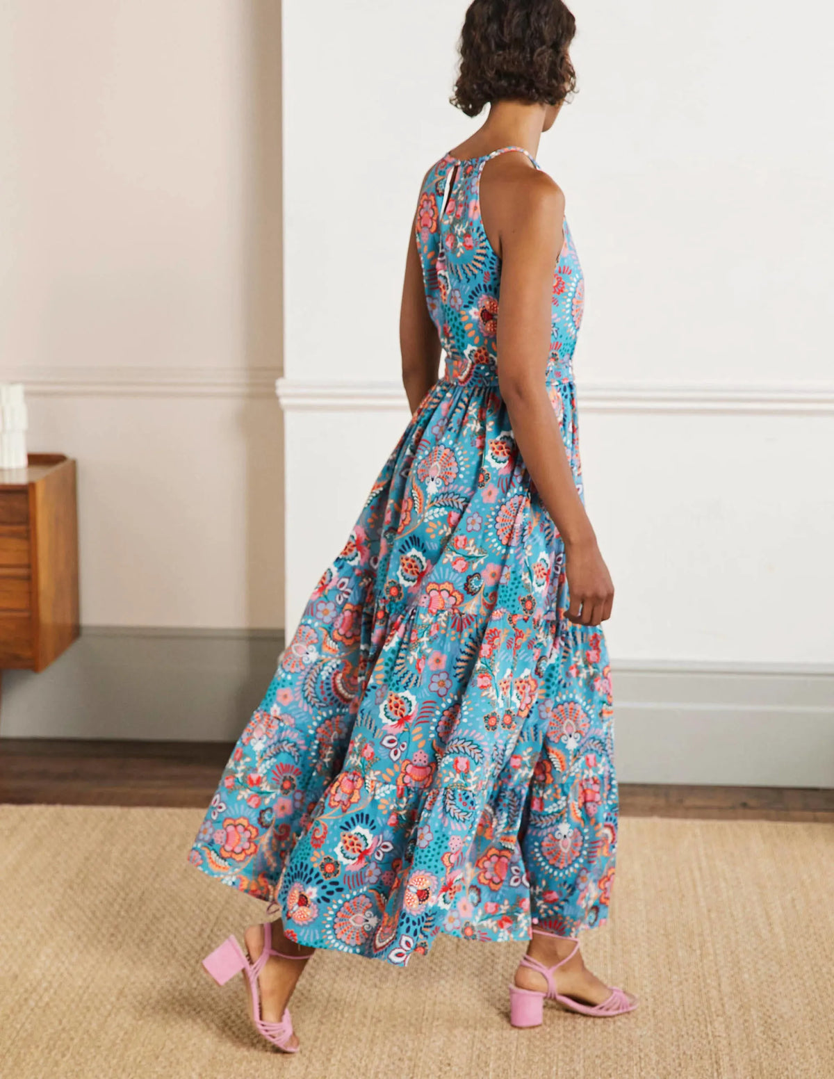 Halterneck Tiered Maxi Dress-Larkspur, Decorative Meadow