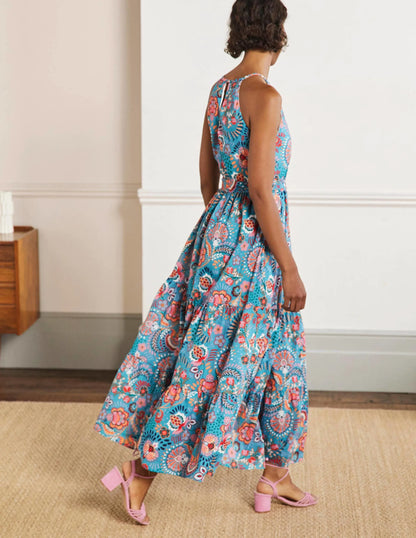 Halterneck Tiered Maxi Dress-Larkspur, Decorative Meadow