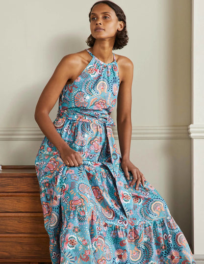 Halterneck Tiered Maxi Dress-Larkspur, Decorative Meadow