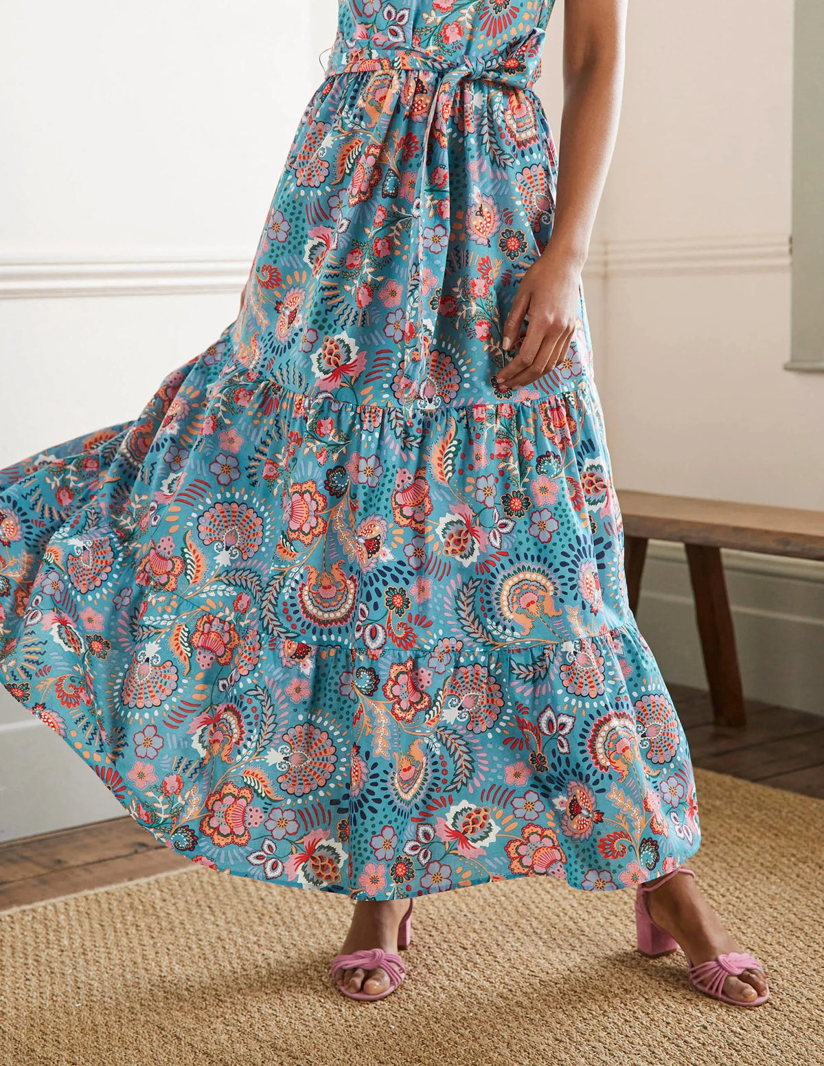 Halterneck Tiered Maxi Dress-Larkspur, Decorative Meadow