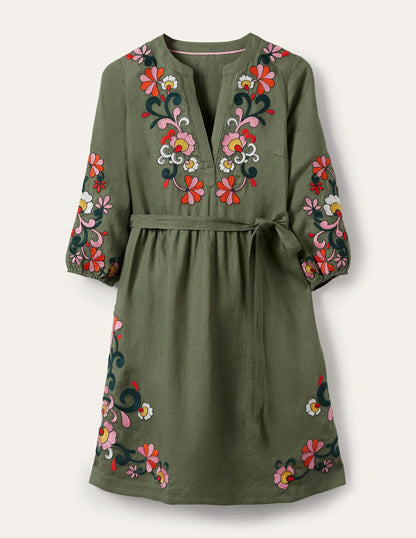 Embroidered Linen Dress-Alder