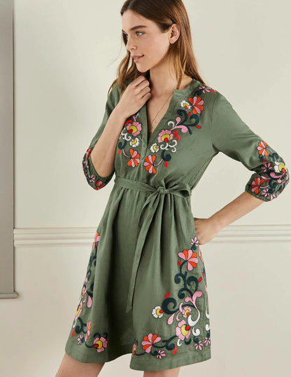 Embroidered Linen Dress-Alder