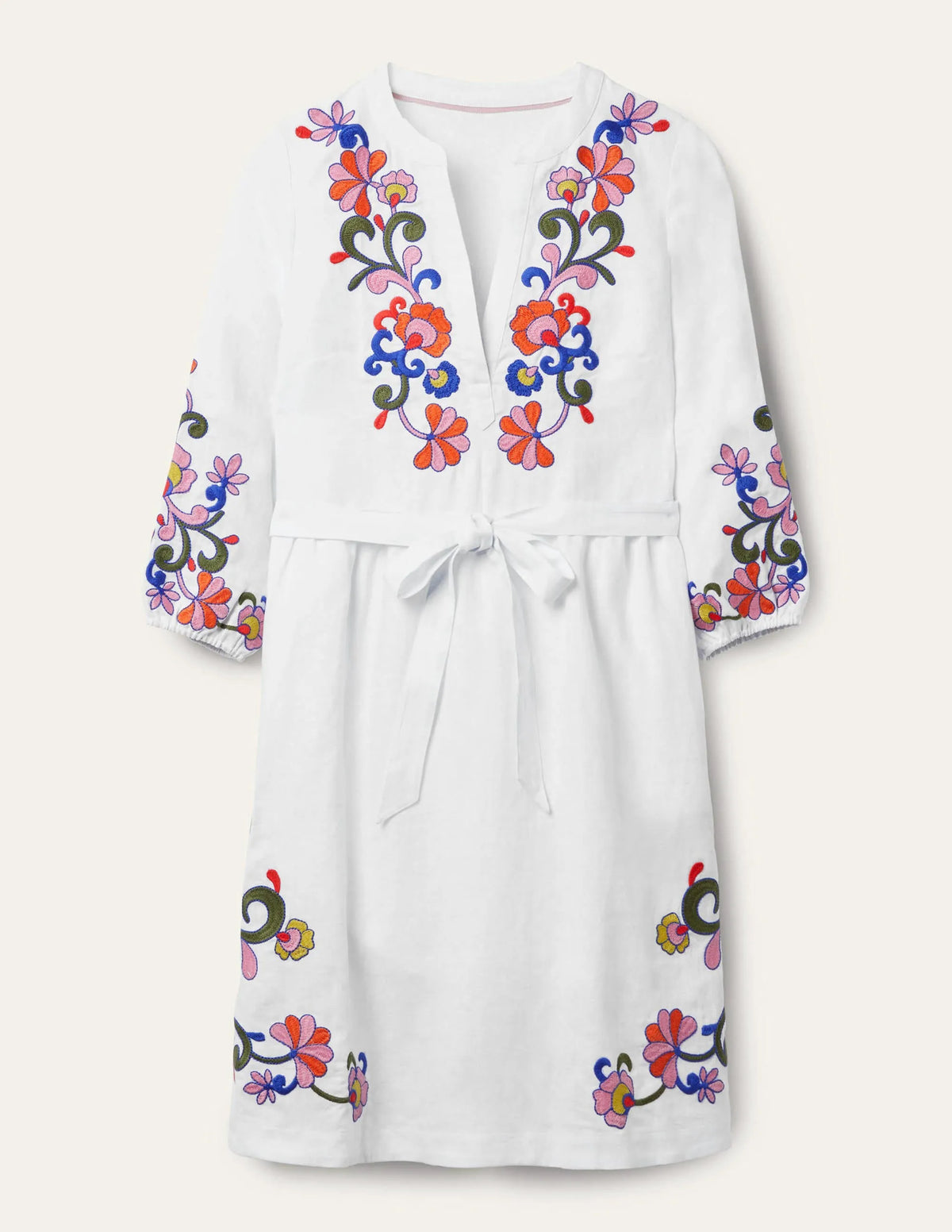 Embroidered Linen Dress-White