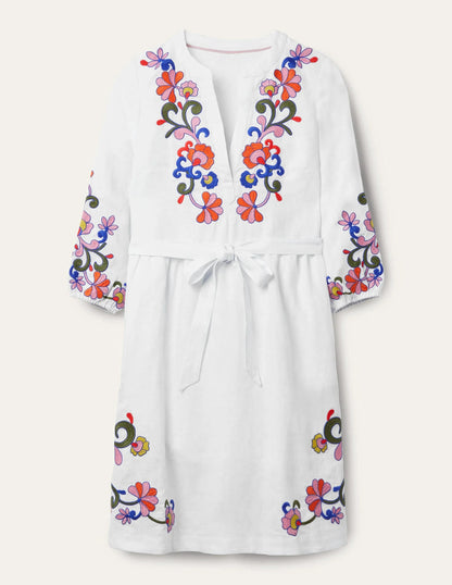 Embroidered Linen Dress-White