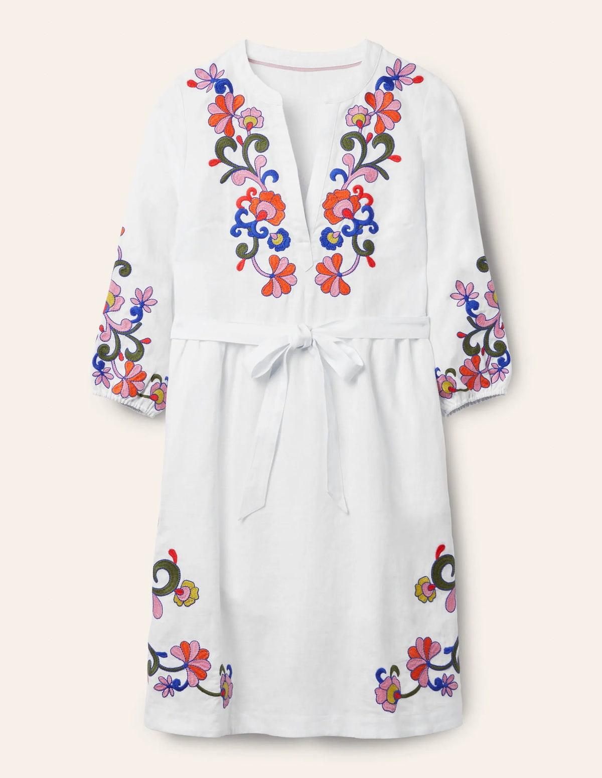 Embroidered Linen Dress-White