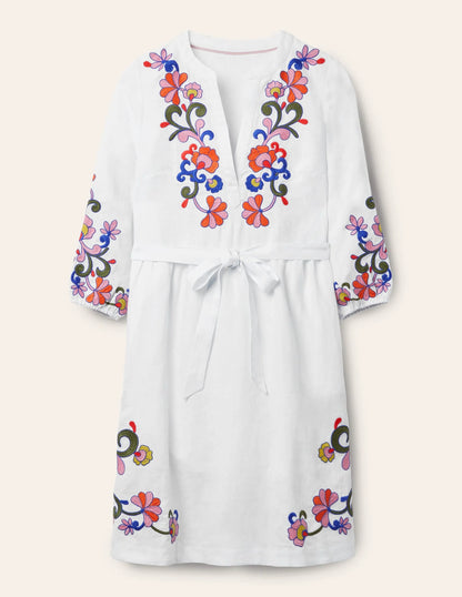 Embroidered Linen Dress-White