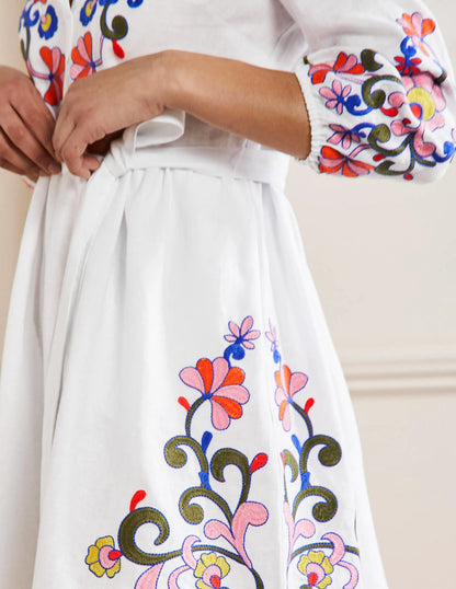 Embroidered Linen Dress-White