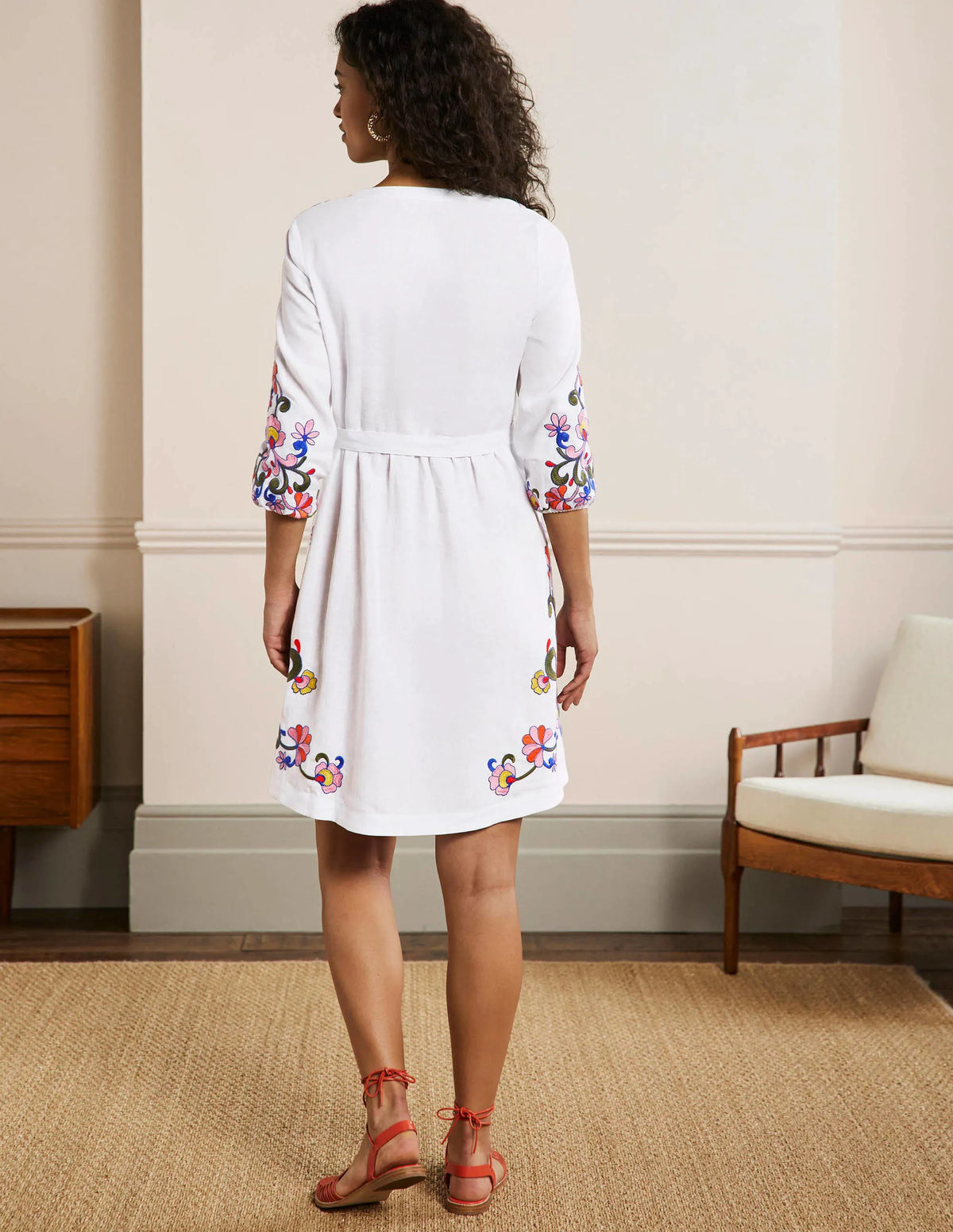 Embroidered Linen Dress-White