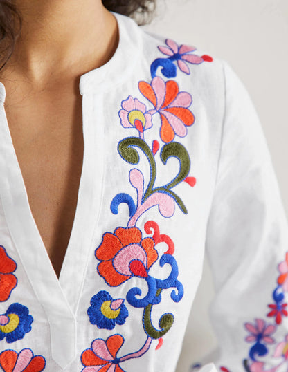 Embroidered Linen Dress-White