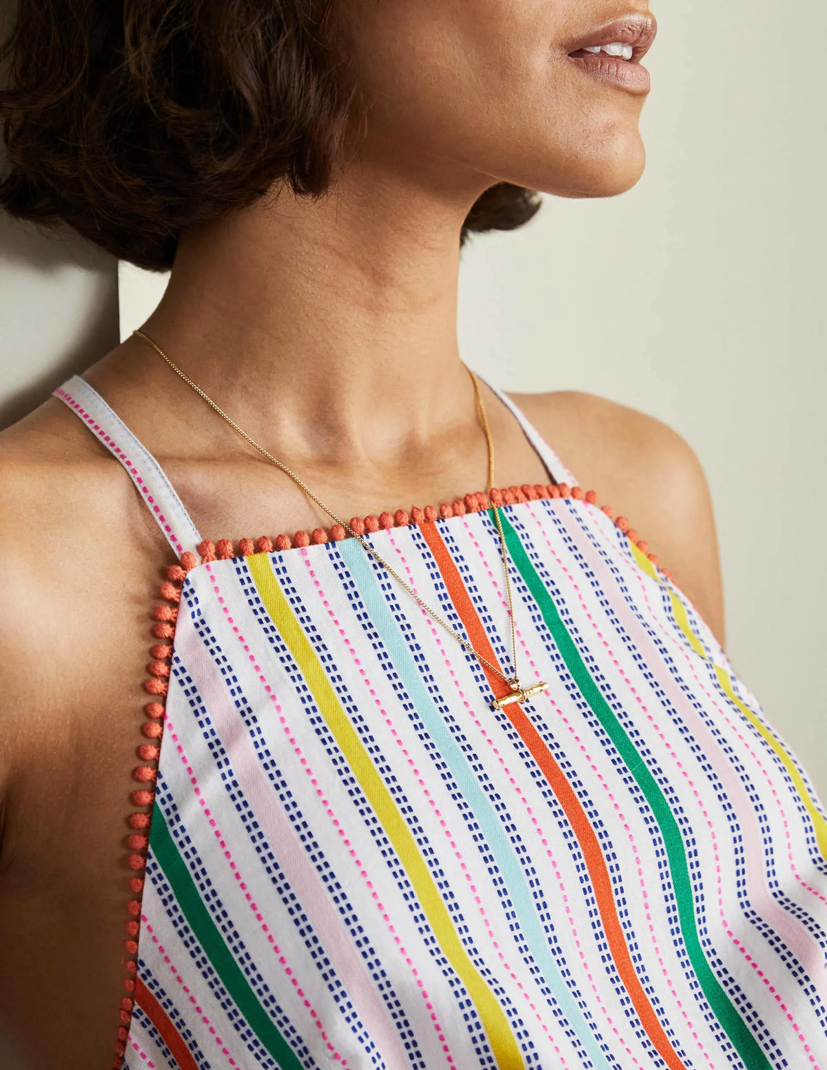 Stripe Halterneck Midi Dress-Sweetcorn and Green Pepper