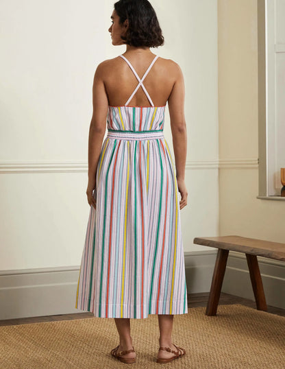 Stripe Halterneck Midi Dress-Sweetcorn and Green Pepper