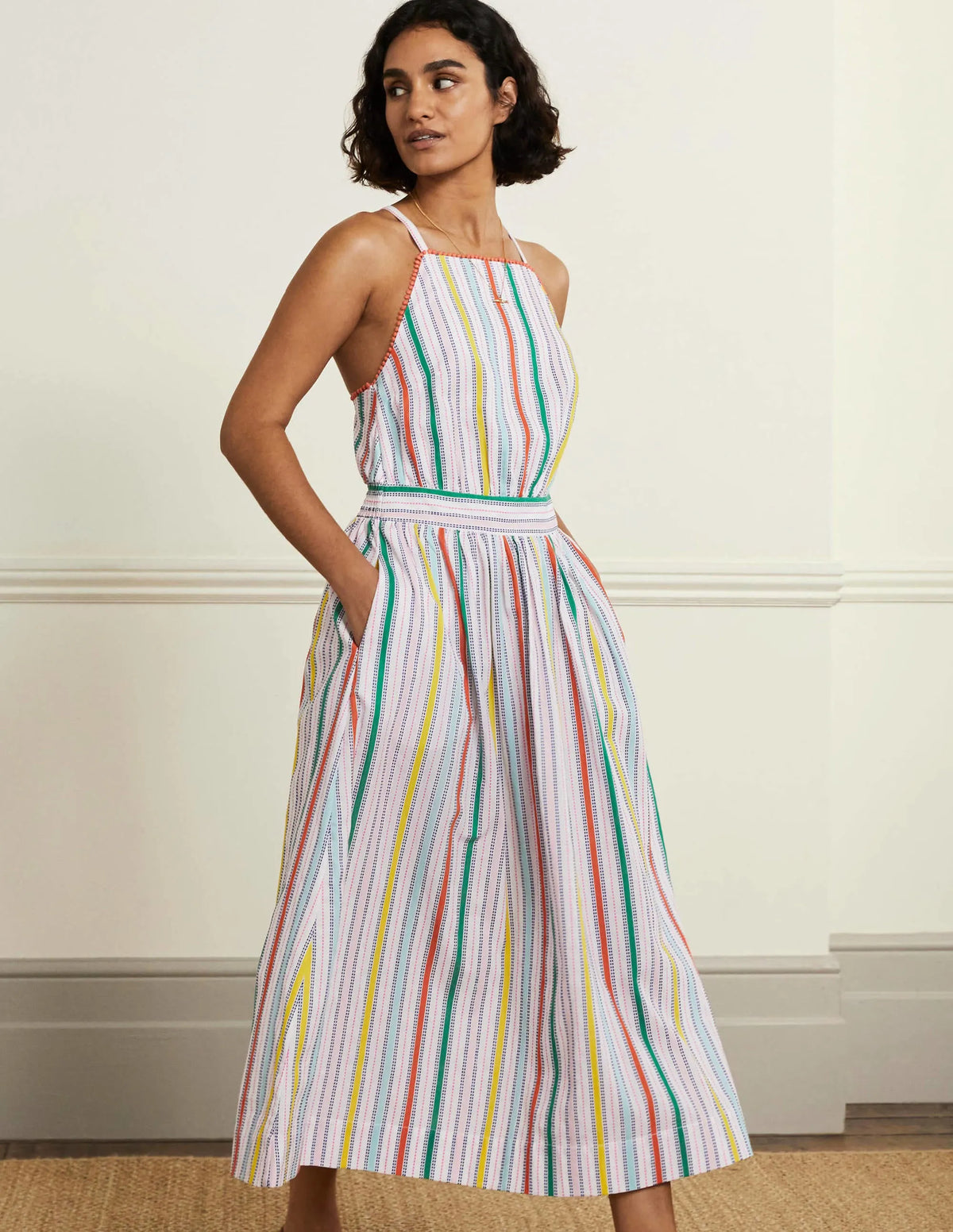 Stripe Halterneck Midi Dress-Sweetcorn and Green Pepper