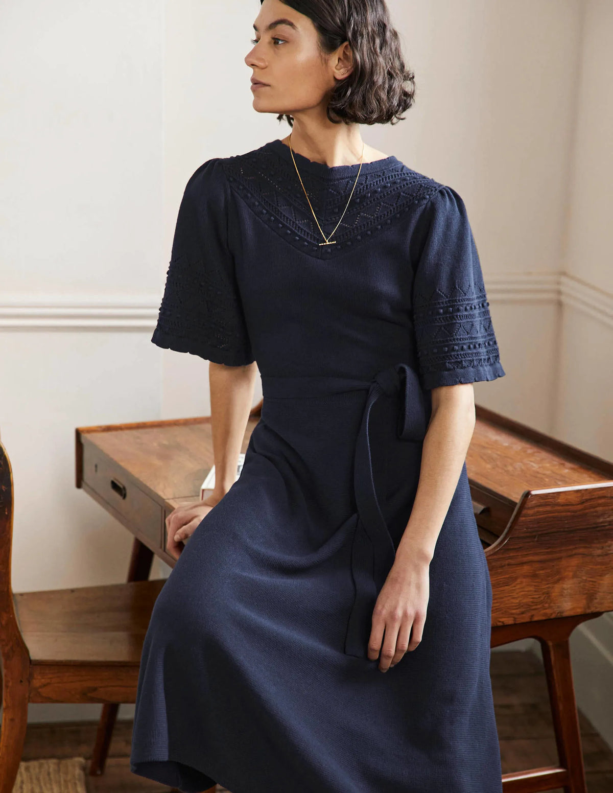 Wide Sleeve Knitted Dress-Navy