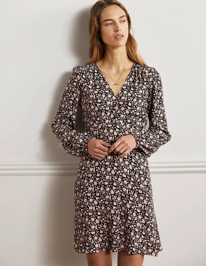 V-Neck Tea Dress-Black, Botanic Silhouette