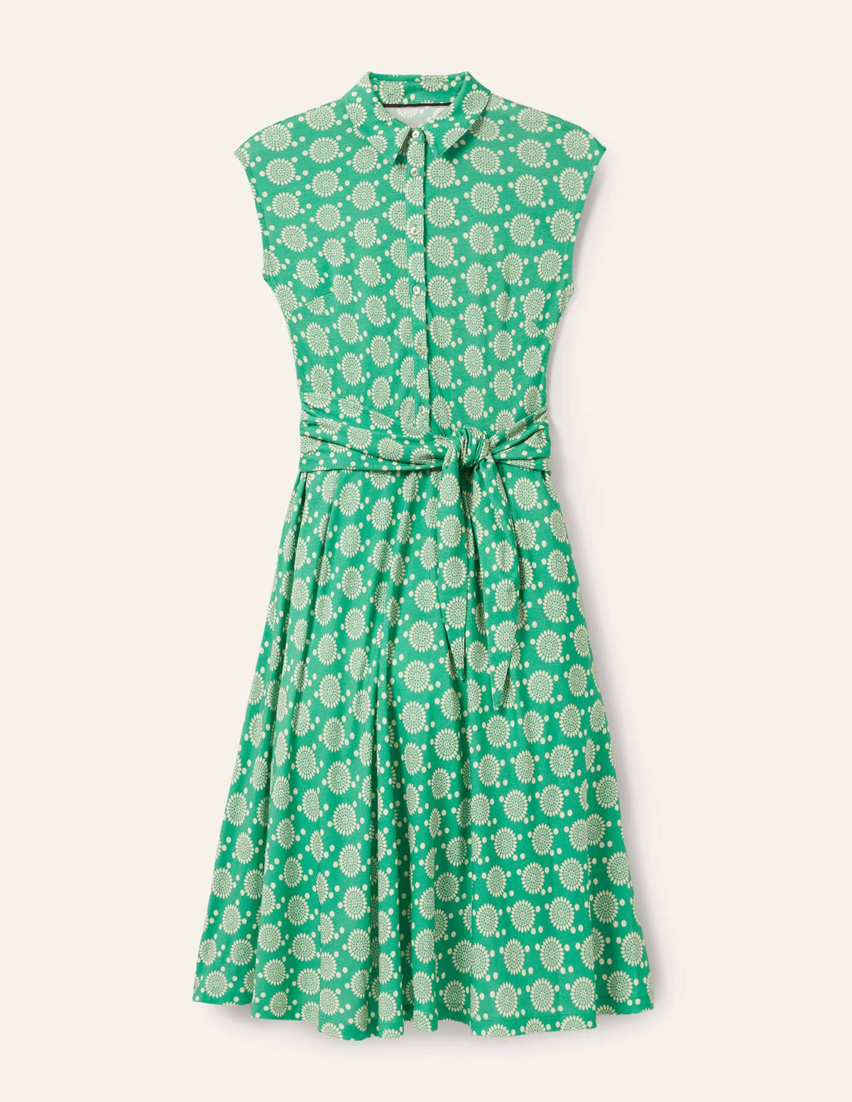 Tie Waist Jersey Shirt Dress-Rich Emerald, Sun Geo