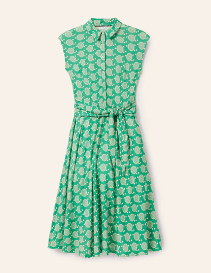 Tie Waist Jersey Shirt Dress-Rich Emerald, Sun Geo