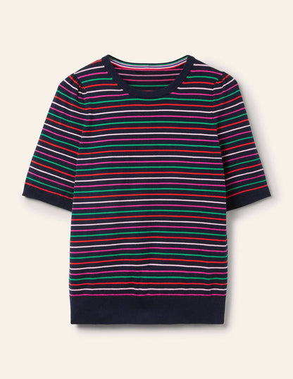Cotton Crew Knitted Top-Navy, Multi Stripe