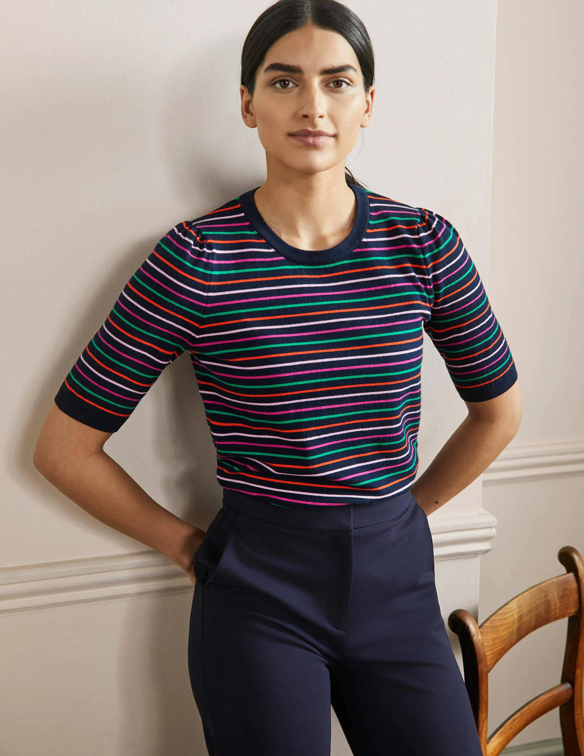 Cotton Crew Knitted Top-Navy, Multi Stripe