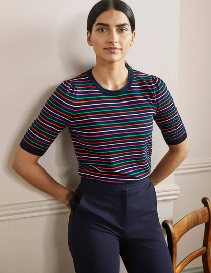 Cotton Crew Knitted Top-Navy, Multi Stripe