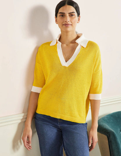 Linen Collared Sweater-Lemon Fizz, Ivory