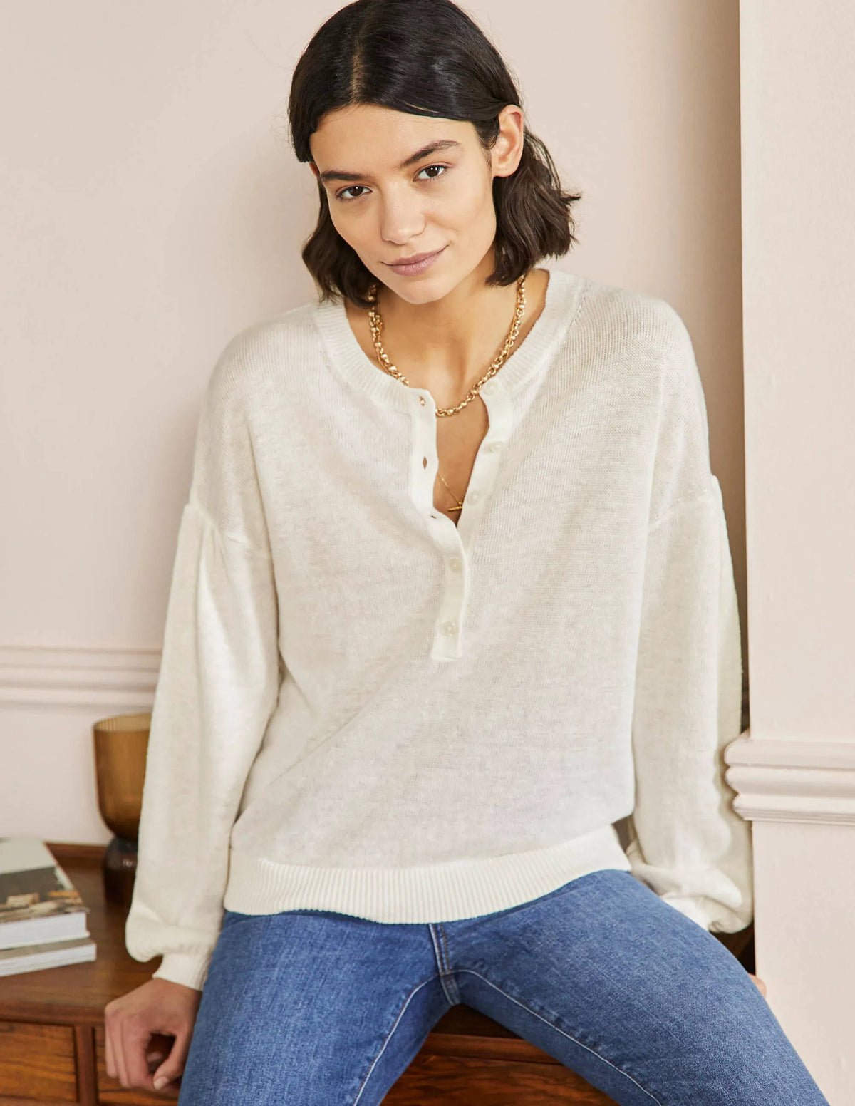 Leandra Linen Henley Sweater-Ivory