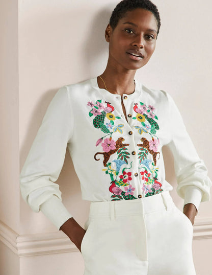 Embroidered Blouson Cardigan-Ivory